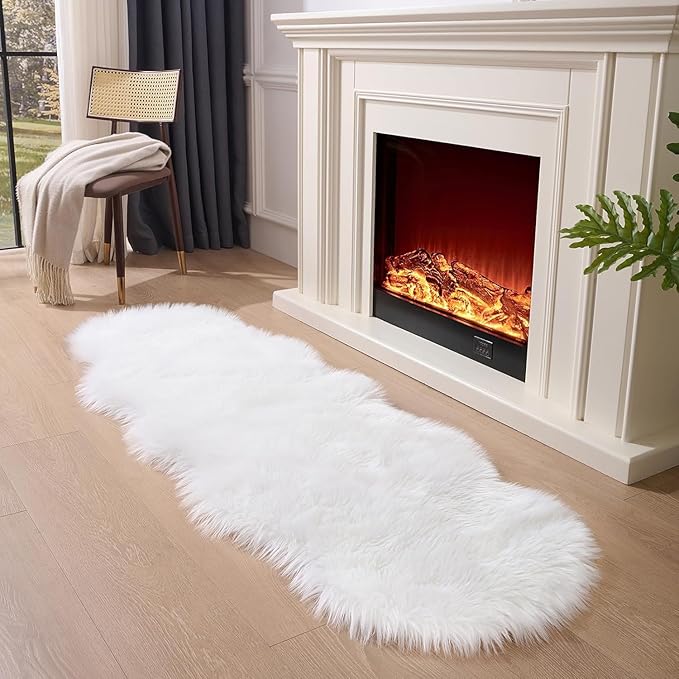Faux Fur Rug Runner 2x6 ft White - Machine Washable Super Soft Plush Shaggy Fluffy Area Carpet,Sheepskin Rug Fuzzy Floor Mat for Bedroom, Sofa,Living Room, Bedside, Nursery & Kids Room