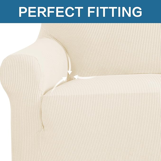 H.VERSAILTEX Stretch Couch Cover Loveseat Covers for 2 Cushion Couch Sofa Slipcover for Love Seat 1 Piece with Elastic Bottom, Checked Jacquard Fabric, Loveseat 58"-70" Wide, Cream