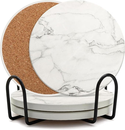 Coaster Set of 4, Drink Coasters with Holder, Absorbent Ceramic Coasters for Dining Table, 4 Inch Round Coasters Set for Drinks, Cup Coaster for Home Decor, Housewarming Gift, (R&B)