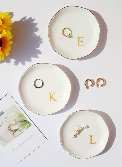Ceramic Jewelry Tray Initial Ring Dish Personalized L-Monogrammed Engagement Wedding Gifts, for Birthday Mother's Day Christmas for Women, Ceramic White 4.75" (L)