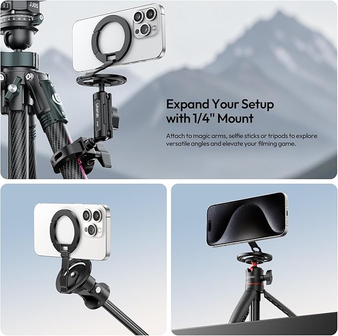 ULANZI MA02 Dual Magnetic Ring Phone Grip Stand, Aluminum for MagSafe Gym Kickstand Compatible with iPhone 17-12 Series, Foldable Phone Tripod Mount with 1/4" Screw for Live Streaming Vlog