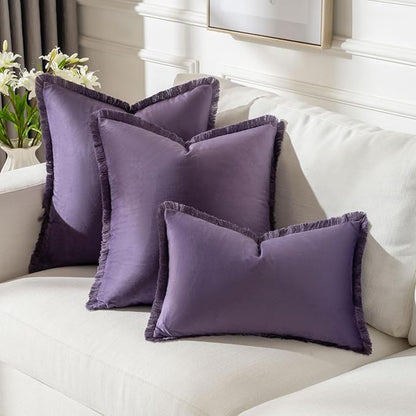 FUTEI Eggplant Purple Velvet Decorative Throw Pillow Covers 26x26 Set of 2,Soft Cozy Edge with Tassels Euro Pillow Shams,Boho Modern Home Decor for Couch Bed Living Room