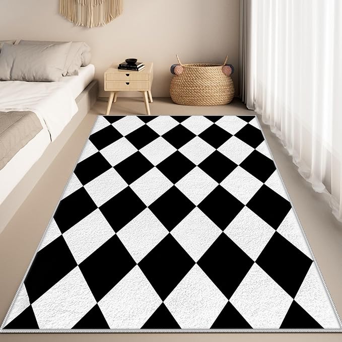 Checkered Rug, Black White Rug, Washable Rugs 7x9, Geometric Rhombus Plaid Area Rugs, Grid Gingham Carpet for Living Room Non Slip Home Decor