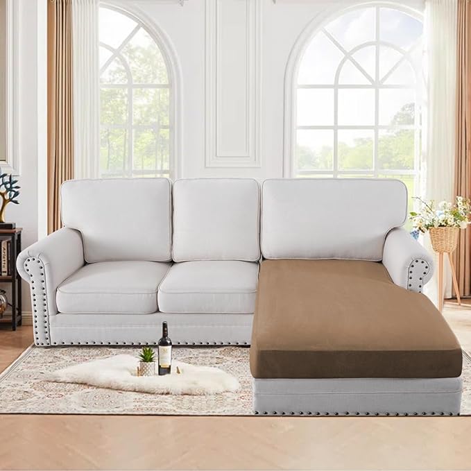 H.VERSAILTEX Suede Chaise Lounge Cover Indoor Stretch Couch Covers for Sectional Sofa Couch Cover L Shape Both Left/Right(1 Piece Chaise Cover, Mocha)