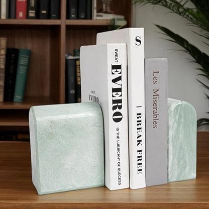Luxury Marble Bookends for Shelves, 13LB Heavy Duty Marble Book Ends for Heavy Books, Stone Bookends Decorative, Polished, Light Green Arch, Set of 2