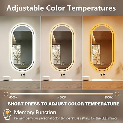 Niccy Oval LED Mirror for Bathroom, 48x24 Front Lit + Backlit Vanity Mirrors with Light Anti-Fog, Shatter-Proof, 3 Colors, Makeup Mirror with Old Gold Frame (Horizontal/Vertical)