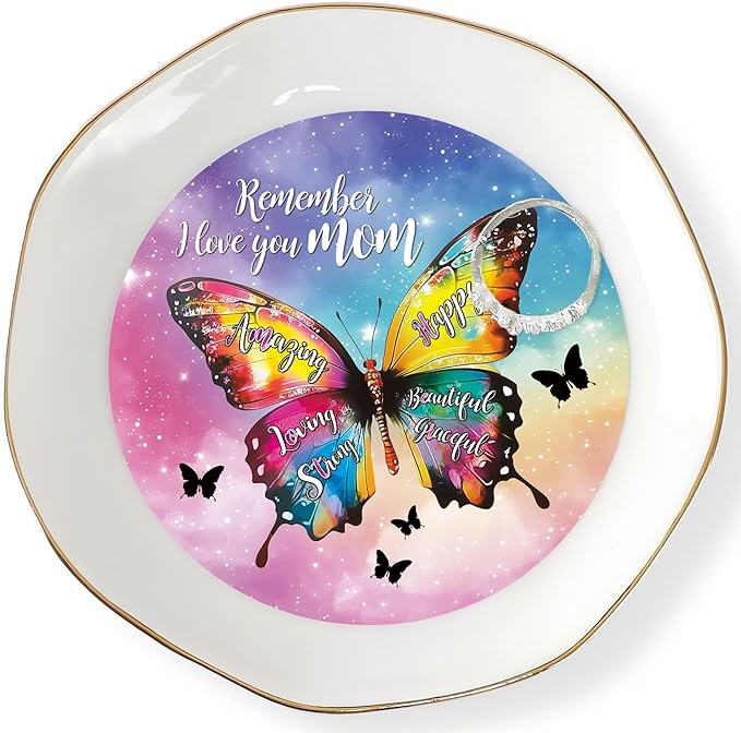 HOME SMILE Mother's Day Gifts for Mom Unique -I Love You Mom Jewelry Ring Dish Tray with Dynamic Butterfly Pattern Shifts for Mother