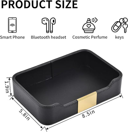 Luxury Leather Valet Tray Desktop Storage Organizer,Bedside Vanity Catchall Tray Nightstand Caddy Holder for Cosmetic,Jewelry,Watch,Keys,Phone,Wallet,Remote Controller,Pen,Black