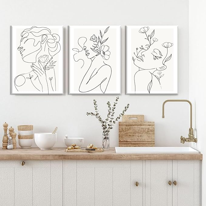 yulihaz Minimalist Woman Flower Line Wall Art Set of 3 Neutral Modern Abstract Black and White Girl Canvas Painting Poster Prints Picture Wall Decor for Bedroom Living Room Framed 12x16 inch