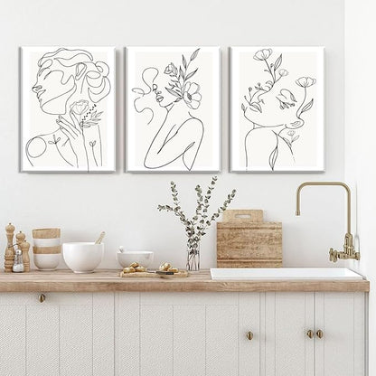 yulihaz Minimalist Woman Flower Line Wall Art Set of 3 Neutral Modern Abstract Black and White Girl Canvas Painting Poster Prints Picture Wall Decor for Bedroom Living Room Framed 12x16 inch