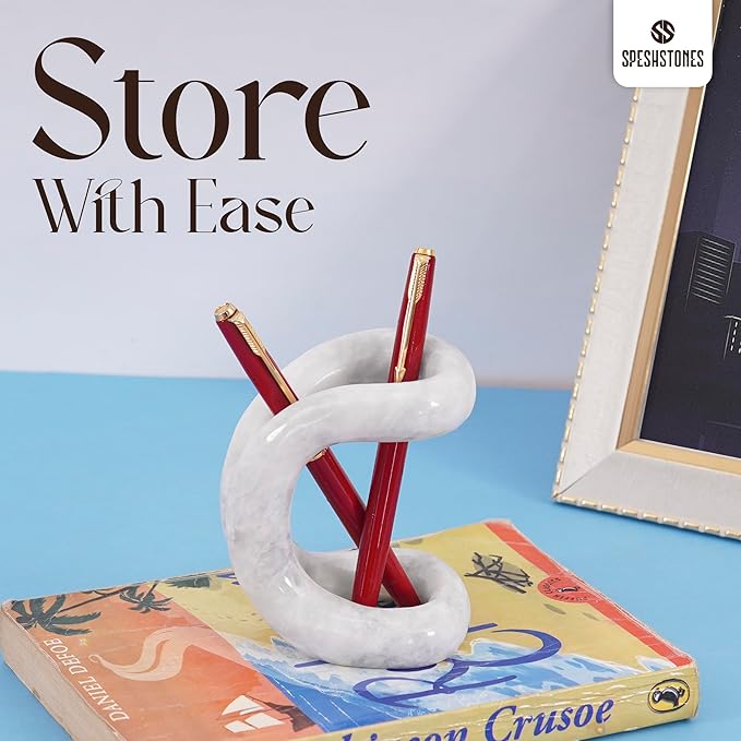 Marble Pen Holder for Desk 4 Inch White Pencil Holder for Desk Accessories & Workspace Organizers - Stone Stationary Holders for Office Decor - Pen Organizer for Gifts