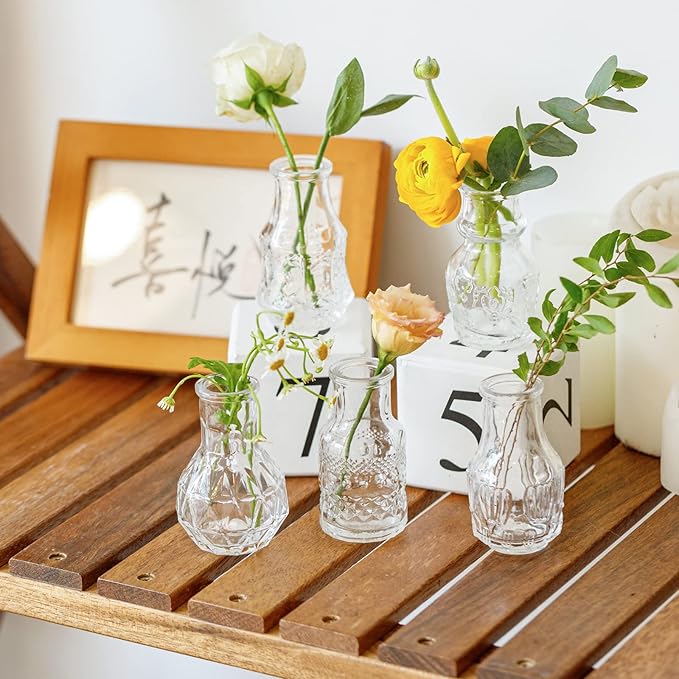 Glass Bud Vase Clear - Mini Vases 5Pcs/Set Bud Vases for Flowers Cute Clear Vintage Small Glass Vases Bud vases in Bulk for Decor, Home Table Centerpieces, Dinning, Wedding