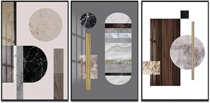 QKF Bright Extra Large Framed Canvas Wall Art For Living Room Wall Decor Home Modern Abstract Prints Large wall pictures geometric round square Wood Grain Brown（24"X32"X3 pieces）