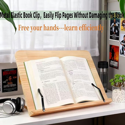 Reading Rack Wooden Bookshelf - Book Stand Foldable with 8 Adjustable Positions and Page Clips,Suitable for cookbooks、iPads、laptops、Sheet Music、and Reading Stands(13.4x9.45inch)