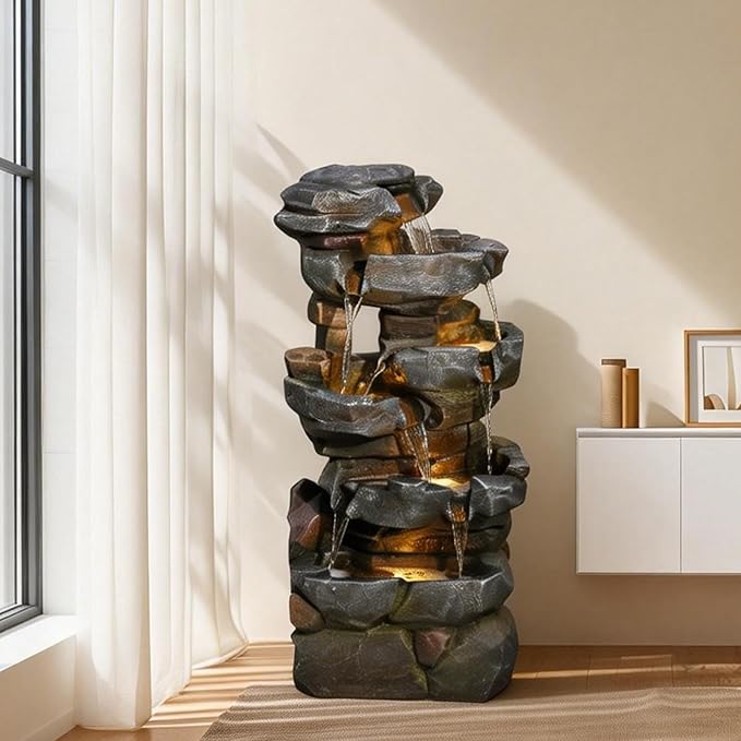50.6" H Outdoor Water Fountain with 3 Tiers Large Cascading Realistic Tree Trunk Waterfall Fountains with LED Lights Outdoor Water Fountain for Garden Patio Backyard Porch Home Decor
