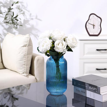Ribbed Glass Vase, Blue Flower Vase for Bouquet, Glass Vases for Flowers, Modern Vases for Living Room, Bedroom, Kitchen, Dining Table, Office, Wedding, 8.6 Inches