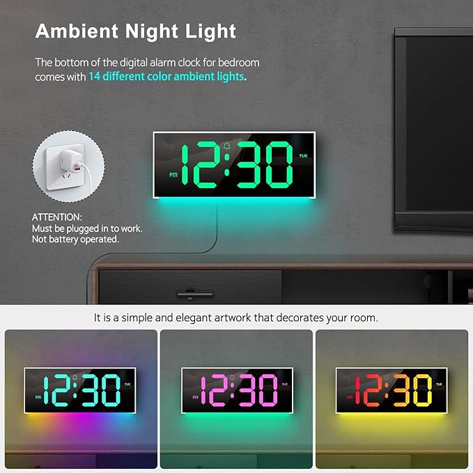 Large Digital Wall Clock 12", Digital Clock with Full Screen Display, 12 RGB Colors Changing, DST, Wall Clock with Night Lights for Elderly Living Room Bedroom Gaming Room (Whie)
