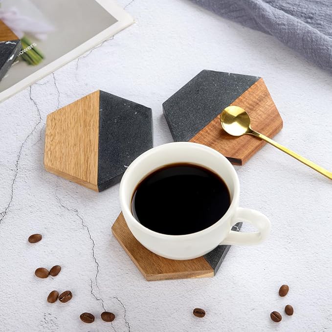 Wood Black Marble Coasters for Drinks, Modern Rustic Acacia Hexagon Coaster Set Decorative Bar Coaster for Coffee Wooden Table Beer Mug Christmas Housewarming Wedding Home Decor 4Pcs