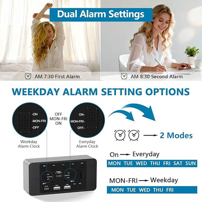 Wooden Digital Alarm Clock for Bedroom - Desk Clock with Date, Day of Week, Temperature, Dual Alarms, Dimmer, USB Port Charge, DST, Adjustable Volume for Living Room/Office Wood Decor (Black)