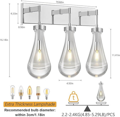 Raindrop Wall Sconces Chrome Crystal Sconces Wall Decor Modern Lighting Glass Bathroom Sconces Indoor Vanity Light Wall Lamp for Bedroom Living Room Stair(3-Light)
