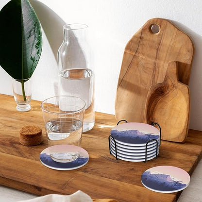 6 Pcs Ceramic Coasters with Holder Absorbent Drink Round Mountains Sunset Design for Home Table Coffee Cup Wine Beer Bar,Size 4.4 inches