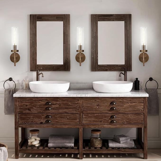 Bronze Wall Sconces White Light, 15'' Brushed Brass Knurled Bathroom Sconces Wall Lighting Vanity Light with Clear Glass, Indoor Wall Mount Light for Living Room Mirror Bedroom Stairs