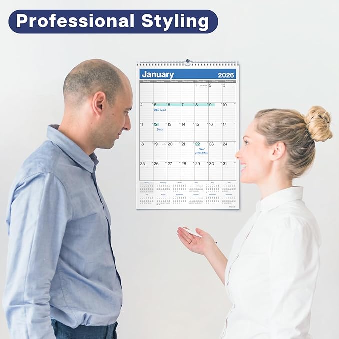 Dunwell 2026 Large Wall Calendar 12x17, Blue, Big Grid 12 x 17 Hanging Monthly Calendar with Large Daily Blocks, Premium Paper, Jan–Dec 2026
