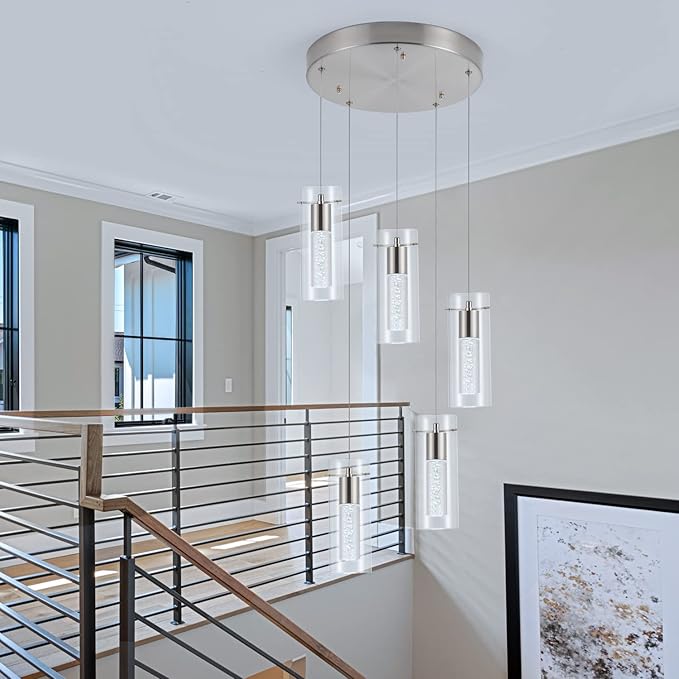 Modern Pendant Lights 5-Light Kitchen Light 40W CRI 80+ 3400lm with Brushed Nickel Finish Adjustable Kitchen Hanging Ceiling Light Fixtures for Kitchen Island Dining Room Hallway…