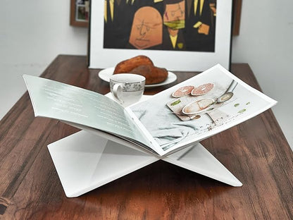 Honygebia White Acrylic Book Stands - Cross Frame Acrylic Book Holder, Open Bookstand for Display and Reading, Suitable for Art, Bible, Cookbook, Easel, Magazine, Textbooks 12.5" x 9.5" x 5.5"