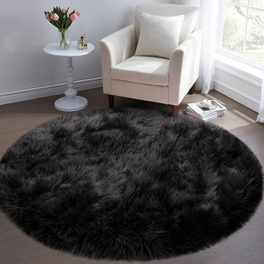 Faux Fur Rug for Bedroom, Black Fluffy Round Rug for Kids Room, Small Furry Circle Rugs 3X3, Soft Shag Circular Rug for Nursery, Fuzzy Plush Floor Carpet, Cute Indoor Decor for Gilrs Teen's Dorm