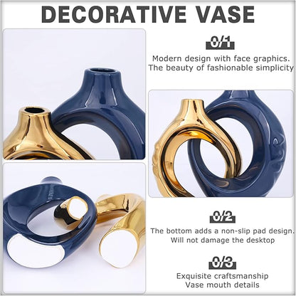 Navy Blue Home Decor Ceramic Vase, Navy Blue Gold Round Vase with Holes Set of 2, Suitable for Wedding Entrance Decoration, Bookshelf, Mantel, Unique Home Decor (Blue Gold)