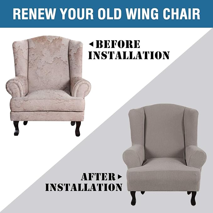 H.VERSAILTEX Wing Chair Slipcover Chair Covers for Wingback Chairs Wingback Chair Covers Slipcovers 1 Piece Stretch Sofa Cover Furniture Protector Soft Spandex Jacquard Checked Pattern, Taupe