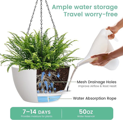 13 Inch 2 Pack Large Self Watering Hanging Planters for Indoor Outdoor Plants, Hanging Plant Pots with Removable 50 Oz Reservoir, Plastic Hanging Basket for Window Porch Garden, White