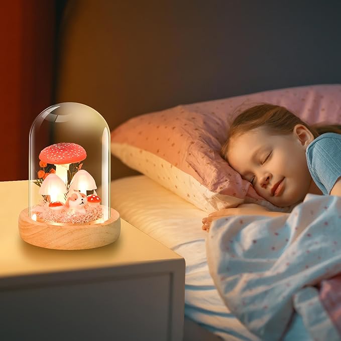 QUELIEN Christmas Mushroom Lamp in Glass Dome,Mushroom Gifts for Women - Warm White LED Night Light for Bedroom Decor,Unique Gifts for Women, Housewarming Birthday Decorations（Red）