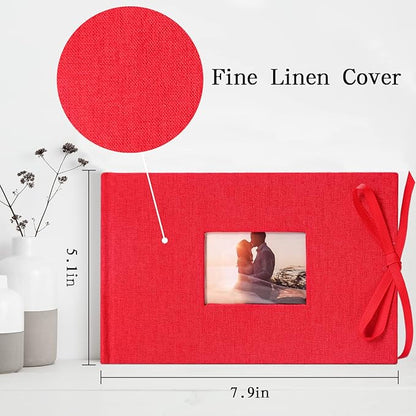 Vienrose Photo Album 4x6 50 Pockets Linen Frame Cover with Memo Areas Photobook Mini Slip-in Picture Book for Wedding Baby Vacation, Red