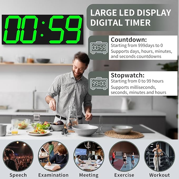 18.7in Large Digital Wall Clock,LED Digital Clock whih Big Number,Multi-Function Remote Controlled Wall Clock with Timer, Alarm and Calendar Display(Green)