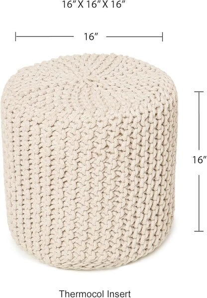 REDEARTH · Cylindrical Hand Knitted Pouf - Foot Stool Ottoman - Cord Boho Pouffe - Cotton Round Poof for Home Decor - Living Room - Nursery - Bedroom - Patio (16" x 16" x 16") - Ivory