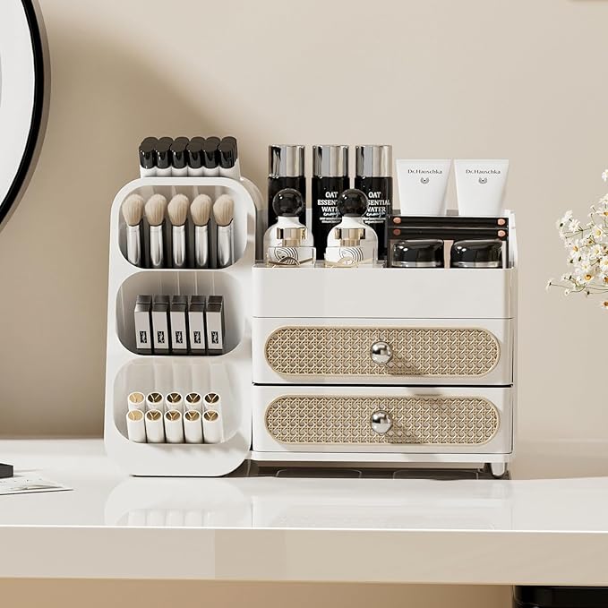 Makeup Organizer with Drawers,Large Capacity Countertop Organizer for Vanity,Bathroom and Bedroom Desk Cosmetics Organizer,Easy To Storage Skincare,Brushes,Lotions,Lipstick (All white)