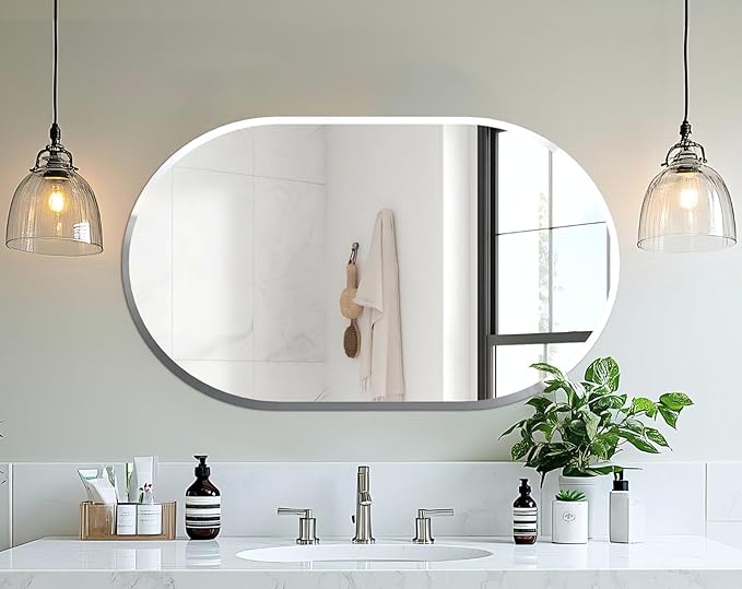 Frameless Oblong Wall Mirror: Decorative Oval Mirrored Glass Vanity with Beveled Silver Edge for Bathroom Bedroom Livingroom Dining Room Entryway Hallway, 40 x 20 inch
