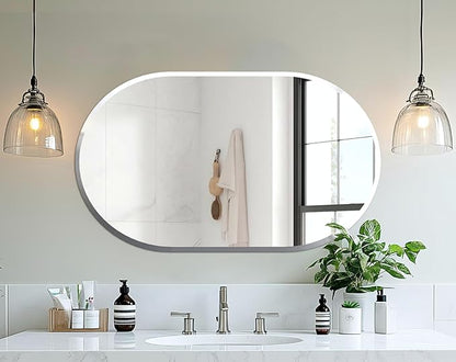 Frameless Oblong Wall Mirror: Decorative Oval Mirrored Glass Vanity with Beveled Silver Edge for Bathroom Bedroom Livingroom Dining Room Entryway Hallway, 40 x 20 inch