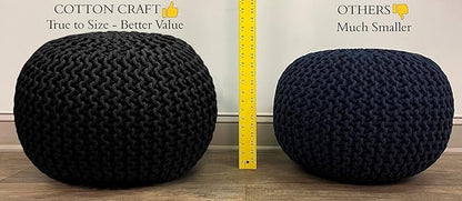COTTON CRAFT Round Pouf - Hand Knitted Cotton Braid Cord Cable Dori Ottoman - Foot Stool Floor Pouf Footrest Accent Seat Furniture Bean Bag - Living Room Kids Room Nursery Dorm Décor - 20x14 - Orange