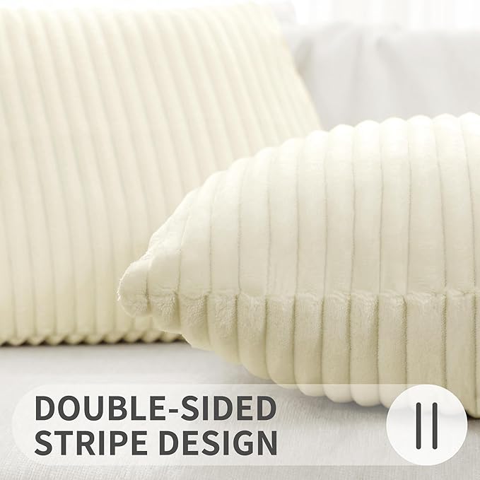 Simmore Decorative Spring Throw Pillow Covers 20x20 Set of 2, Soft Natural Plush Flannel Double-Sided Fluffy Couch Pillow Covers for Sofa Living Room, Beige