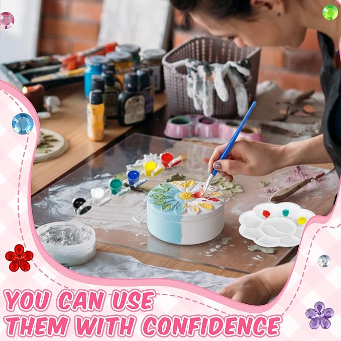 Teenyyou 15 Pcs 6 Sets Paint Your Own Ceramic Jewelry Box Painting DIY Craft Set Unfinished Dasiy Treasure Box with 2 Strips of Paints 2 Brushes 1 Palette 2 Diamond Stickers 2 Glitters