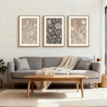 Aryroi Neutral Boho Flower Framed Canvas Wall Art Set,Vintage Rose Peony Wildflower Wall Decor,Modern Natural Brown Black Floral Botanical Artwork For Living Room, Bedroom,Farmhouse-24 x36 x3