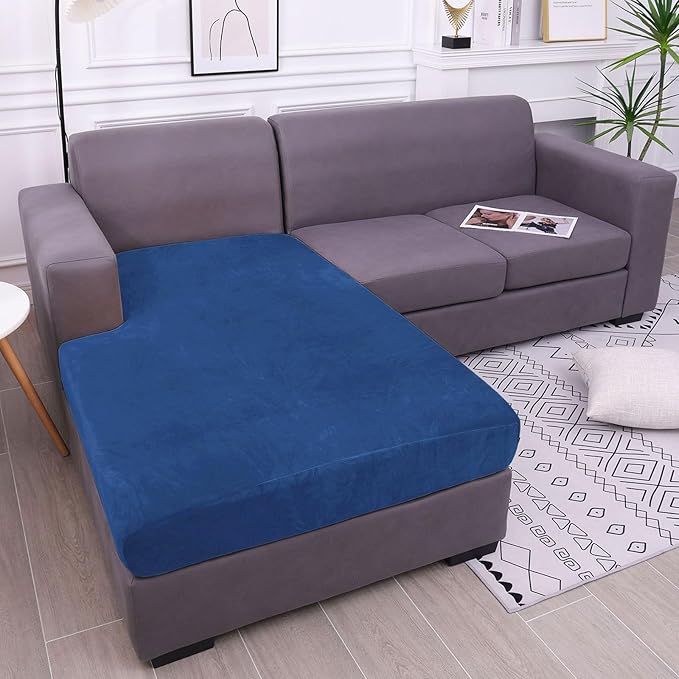 hyha Velvet Couch Cushion Covers, Stretch Chaise Lounge Sectional Couch Seat Covers L Shape for Sectional Sofa, Soft Sofa Cushion Slipcover Washable with Elastic Bottom(Chaise, Royal Blue)