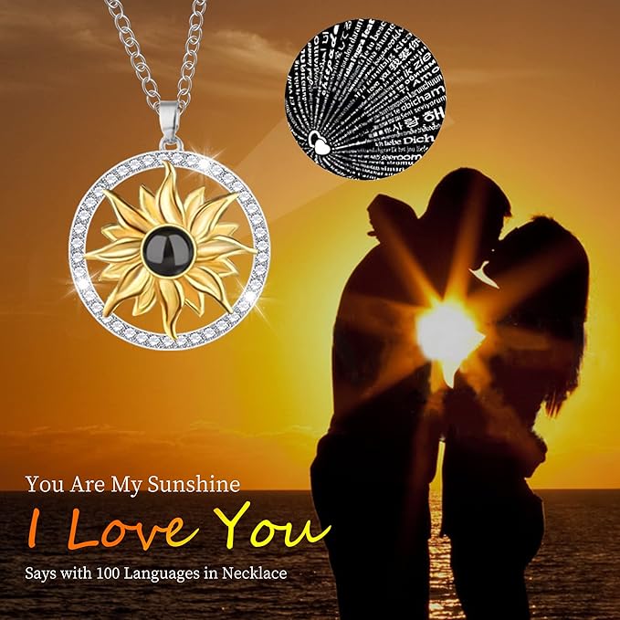 Sunflower Gifts for Women Artificial Sunflowers Gift for Her Mom Wife with Necklace in 100 Texts I Love You on Mother's Day Birthday Christmas Gifts Sunflower Decor