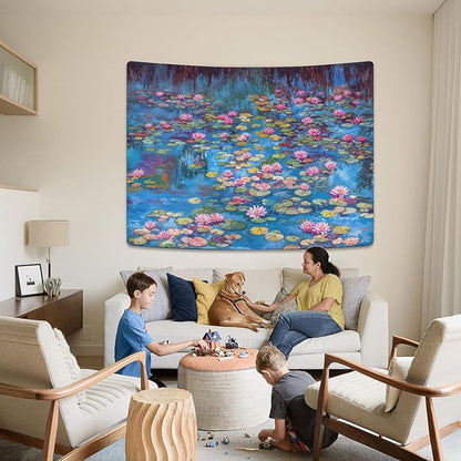 kampdream Landscape Tapestry, Scenery Art Wall Tapestries, Nature Wall Decor for Bedroom Living Room Backdrop Blue Impressionist Pond Lotus 44×60 inches