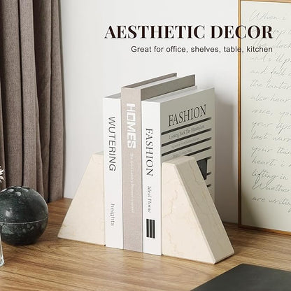 Koville Marble Bookends for Shelves, Large Bookends for Heavy Books, Non-Slip Heavy Duty Book Stopper for CD/Movies, Aesthetic Decorative Bookends for Shelves Table Home Decor(Beige)