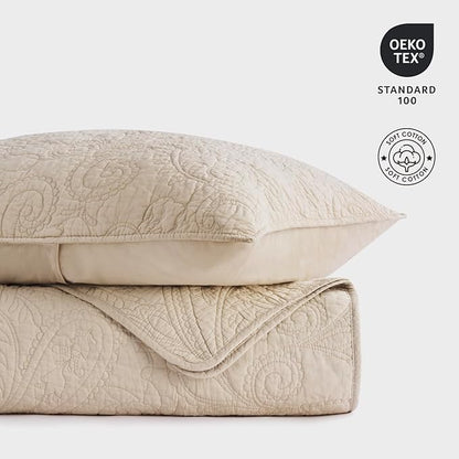 EVERGRACE 100% Cotton Paisley Quilt Set, King Size 3 Piece Set – Prewashed Lightweight Bedspread with 2 Shams, Soft & Breathable Matelasse Coverlet for All-Season Comfort, Flax Beige