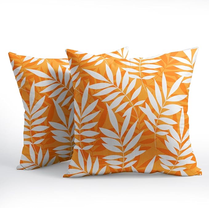Fall Leaf Pillow Covers 18x18 Set of 2 Orange White Seasonal Autumn Leaves Rustic Decorative Square Throw Pillows Outdoor Pillowcase Farmhouse Linen Cushion Case Decor for Home Sofa Couch Bed